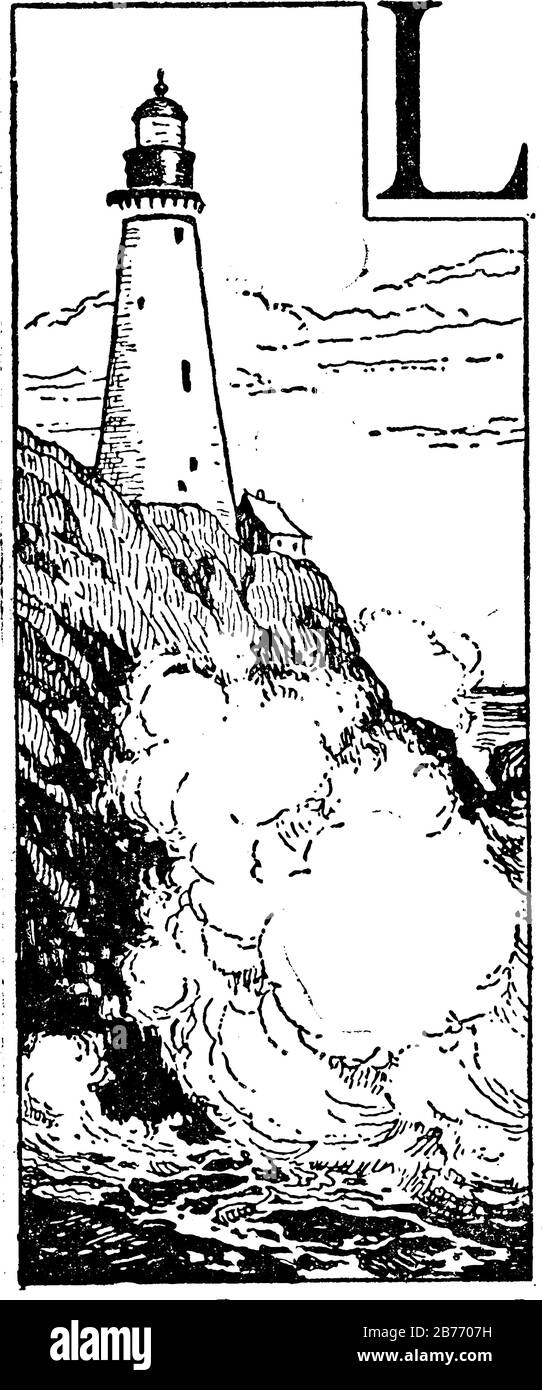 Una torre o altra struttura sopraelevata che porta una luce in alto e eretta, per servire da guida o avvertimento di pericolo per i navigatori di notte, vintage l Illustrazione Vettoriale