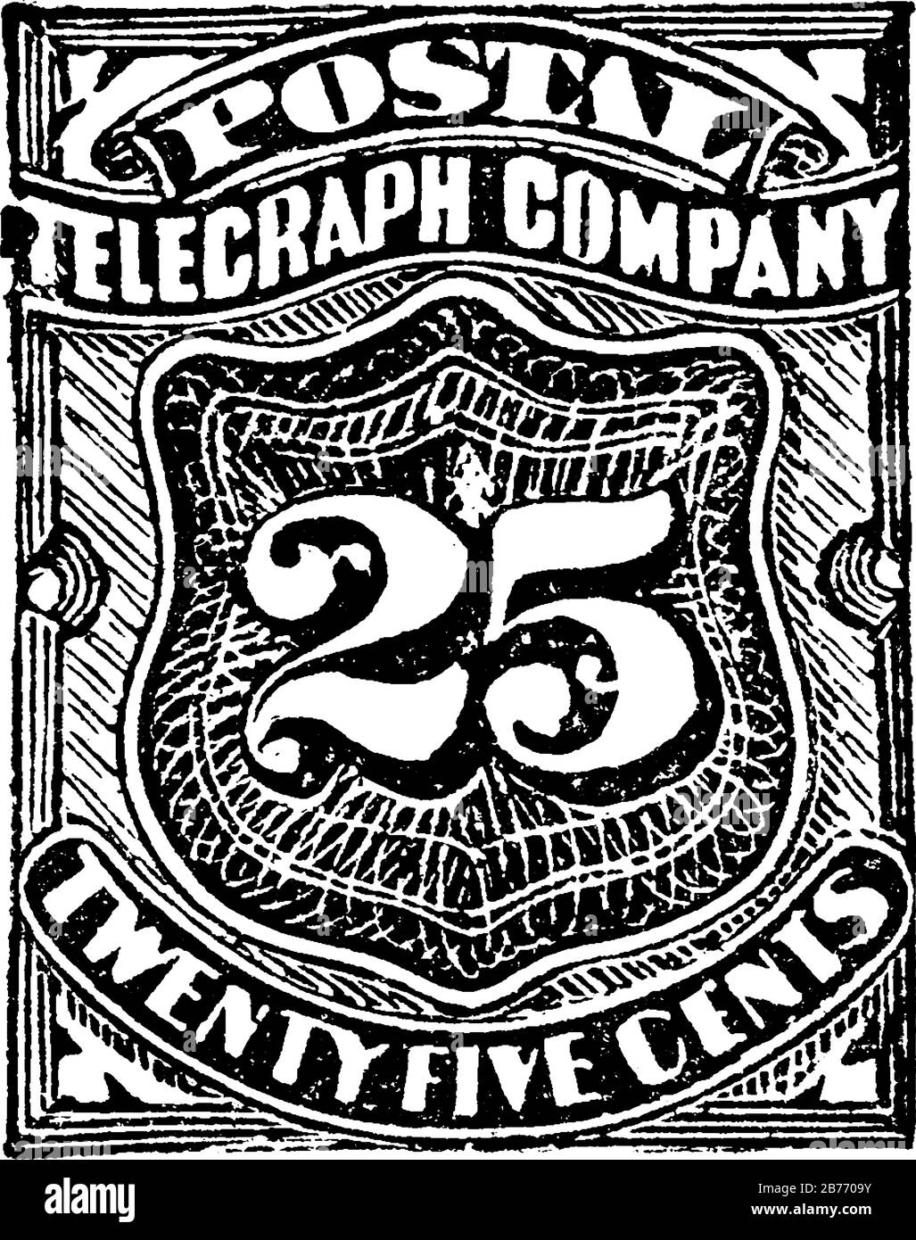 United States Telegraph Stamp (25 centesimi) da 1885, un piccolo pezzo adesivo di carta bloccato a qualcosa per mostrare una quantità di denaro pagato, vintage line d Illustrazione Vettoriale