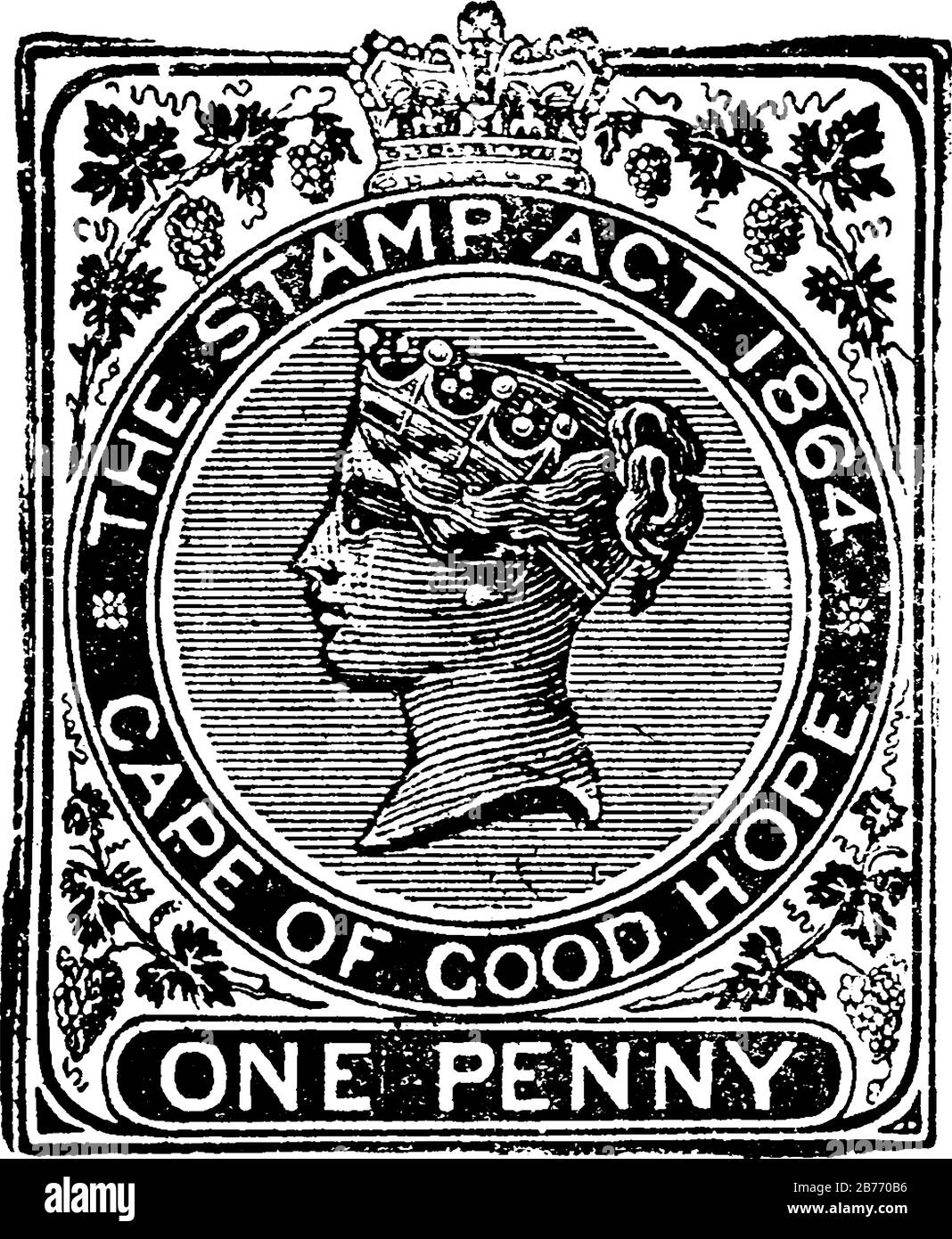 Cape of Good Hope Revenue Stamp (1 penny) da 1883, un pezzo adesivo di carta è stato bloccato a qualcosa per mostrare una quantità di denaro pagato, linea vintage dr Illustrazione Vettoriale