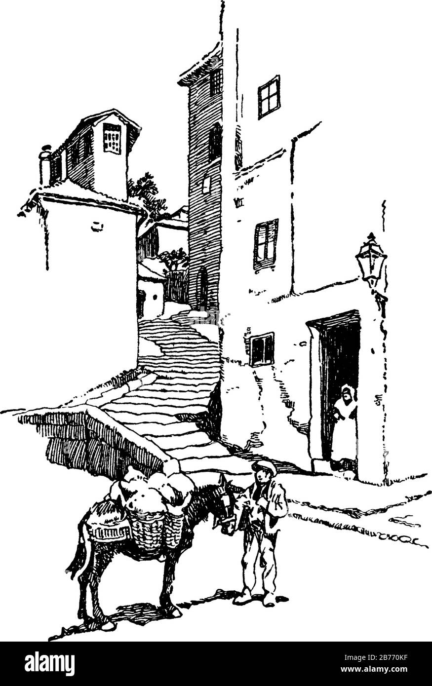 Un contadino con peso sulla schiena del suo asino è in piedi di fronte alla pietra fatto grandi scale, sua moglie sta uscendo dalla sua casa per aiutarlo in unlo Illustrazione Vettoriale