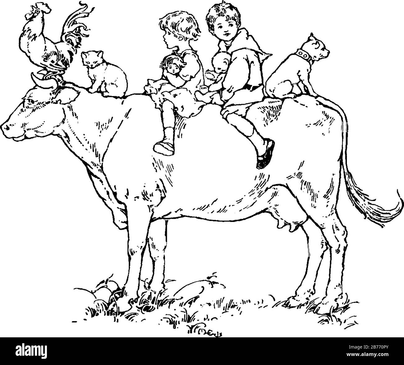 L'immagine raffigura due bambini che tengono le loro bambole, un gallo, un gatto e un cane che cavalcano sulla schiena di una mucca., disegno di linea vintage o illustrazione di incisione. Illustrazione Vettoriale