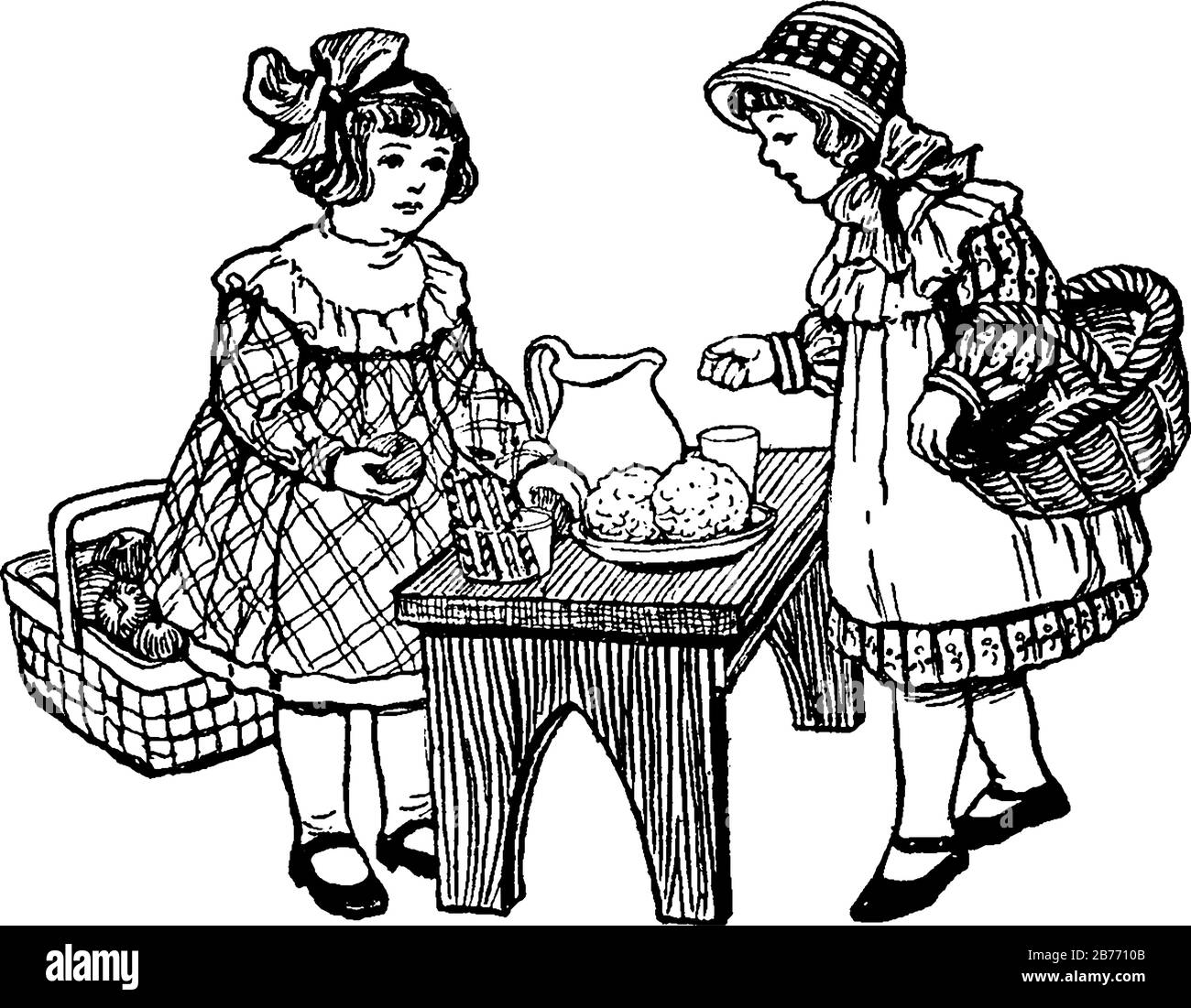 Due ragazze che giocano negozio, shopping per generi alimentari, mostra due ragazze che giocano con gli alimenti e sembra felice mostrando in tre immagini diverse in esso, vintage Illustrazione Vettoriale