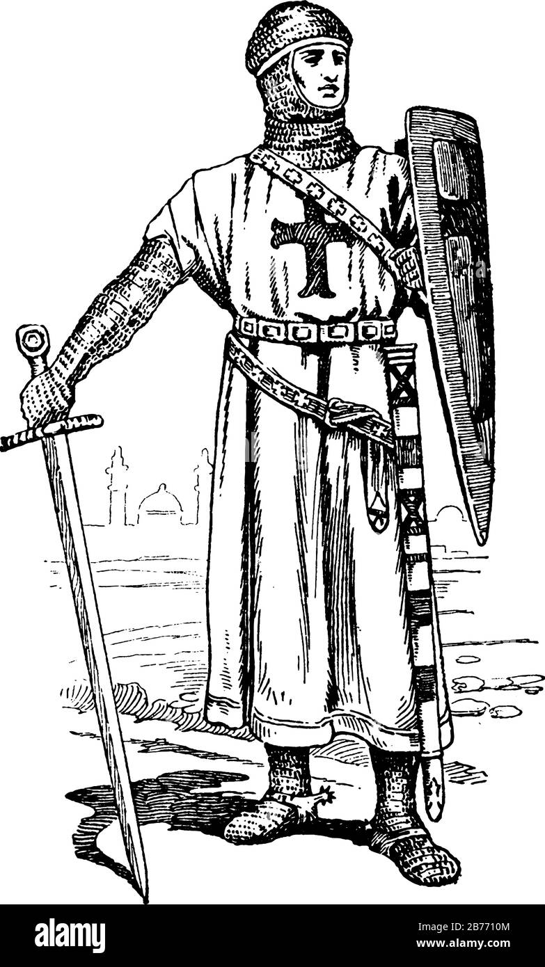 Il costume di un cavaliere della Prima crociata. Mostra tre immagini del cavaliere in costume, disegno o incisione vintage Illustrazione Vettoriale