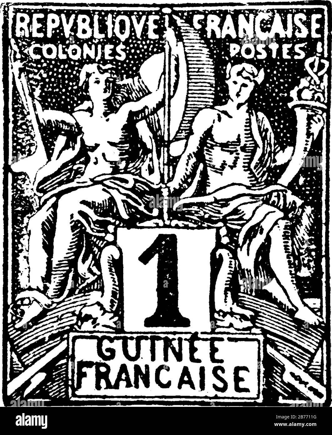 Francobollo della Guinea (1 centime) dal 1892, un piccolo pezzo di carta adesiva è stato attaccato a qualcosa per mostrare una quantità di denaro pagato, linea d'epoca drawin Illustrazione Vettoriale