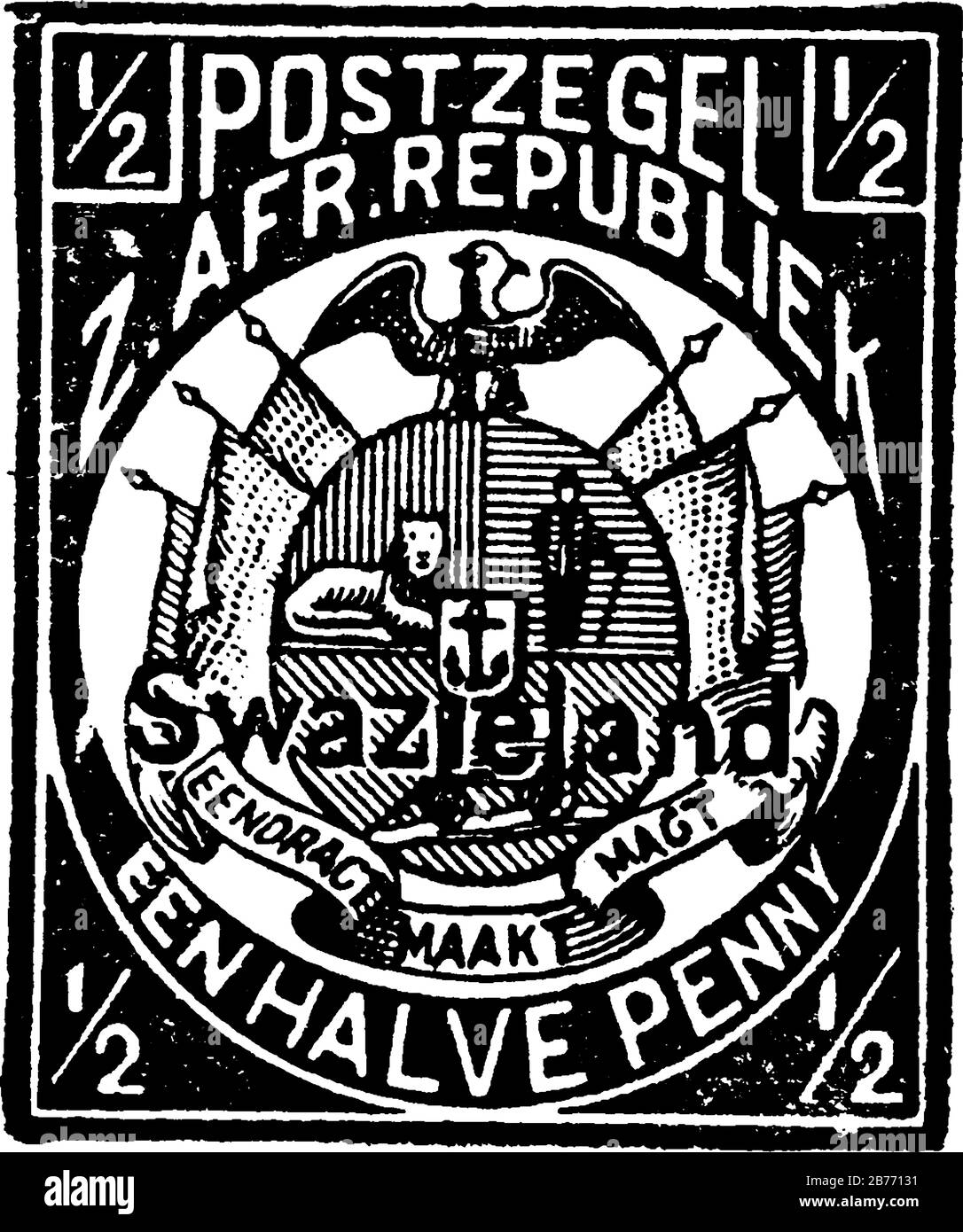 Swazieland Stamp (1/2 penny) dal 1889-1891, un piccolo pezzo adesivo di carta è stato bloccato a qualcosa per mostrare una quantità di denaro pagato, linea d'annata disegnare Illustrazione Vettoriale