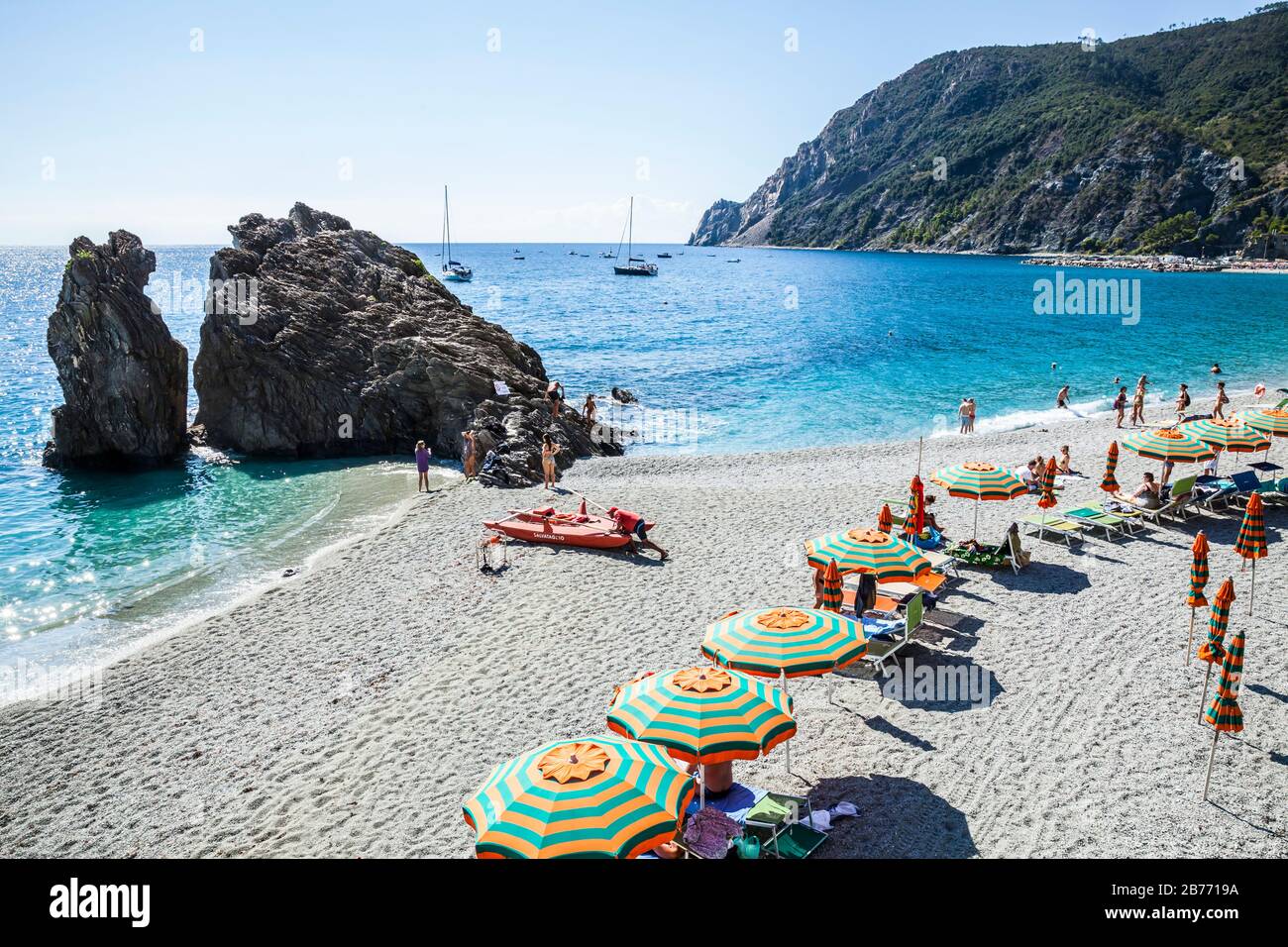 Una zona balneare a Monterosso al Mare, Italia. Foto Stock