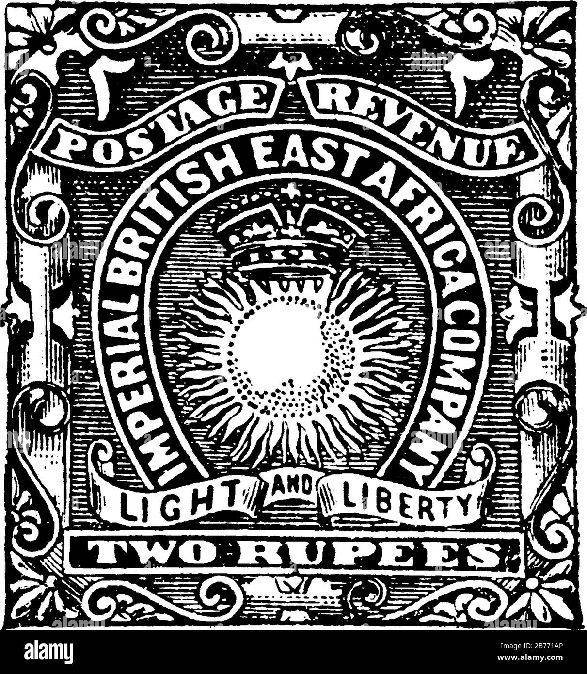Francobollo britannico dell'Africa orientale (2 rupie) dal 1890, un pezzo adesivo di carta è stato attaccato a qualcosa mostrare una quantità di soldi pagata, un francobollo, vi Illustrazione Vettoriale