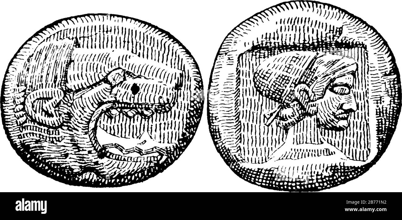 I lati oscversi e inversi di una delle monete più antiche. Mostra il denaro greco antico in tre immagini, disegno o incisione a linee d'epoca Illustrazione Vettoriale