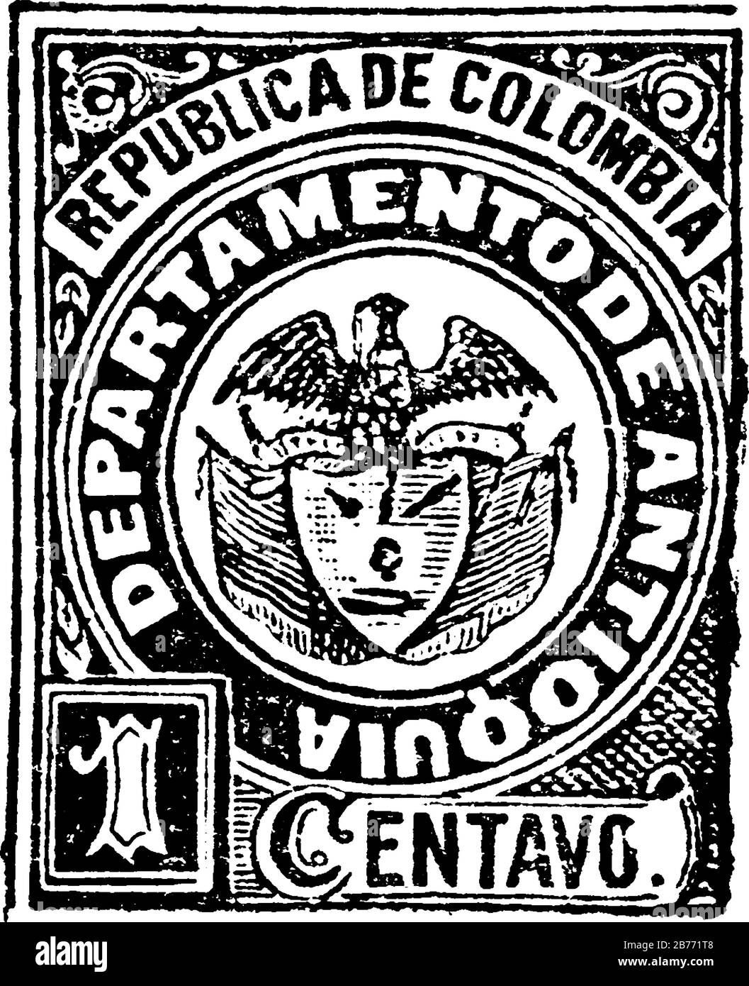 Antioquia, timbro della Repubblica colombiana (1 centavo) dal 1892, un piccolo pezzo di carta adesiva è stato attaccato a qualcosa per mostrare una quantità di denaro pagato, vin Illustrazione Vettoriale