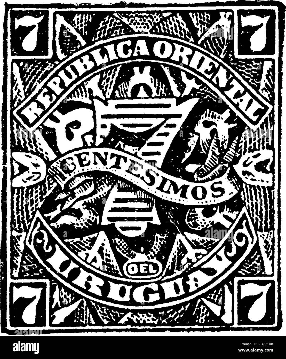 Uruguay Stamp (7 centesimos) dal 1889-1890, un piccolo pezzo adesivo di carta è stato bloccato a qualcosa per mostrare una quantità di denaro pagato, linea d'annata disegnare Illustrazione Vettoriale