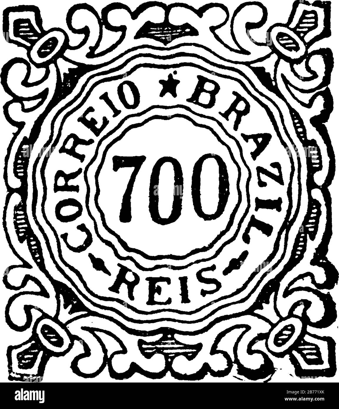 Brazil Stamp (700 reis) dal 1887-1888, un piccolo pezzo adesivo di carta è stato attaccato a qualcosa per mostrare una quantità di denaro pagato, principalmente un francobollo Illustrazione Vettoriale