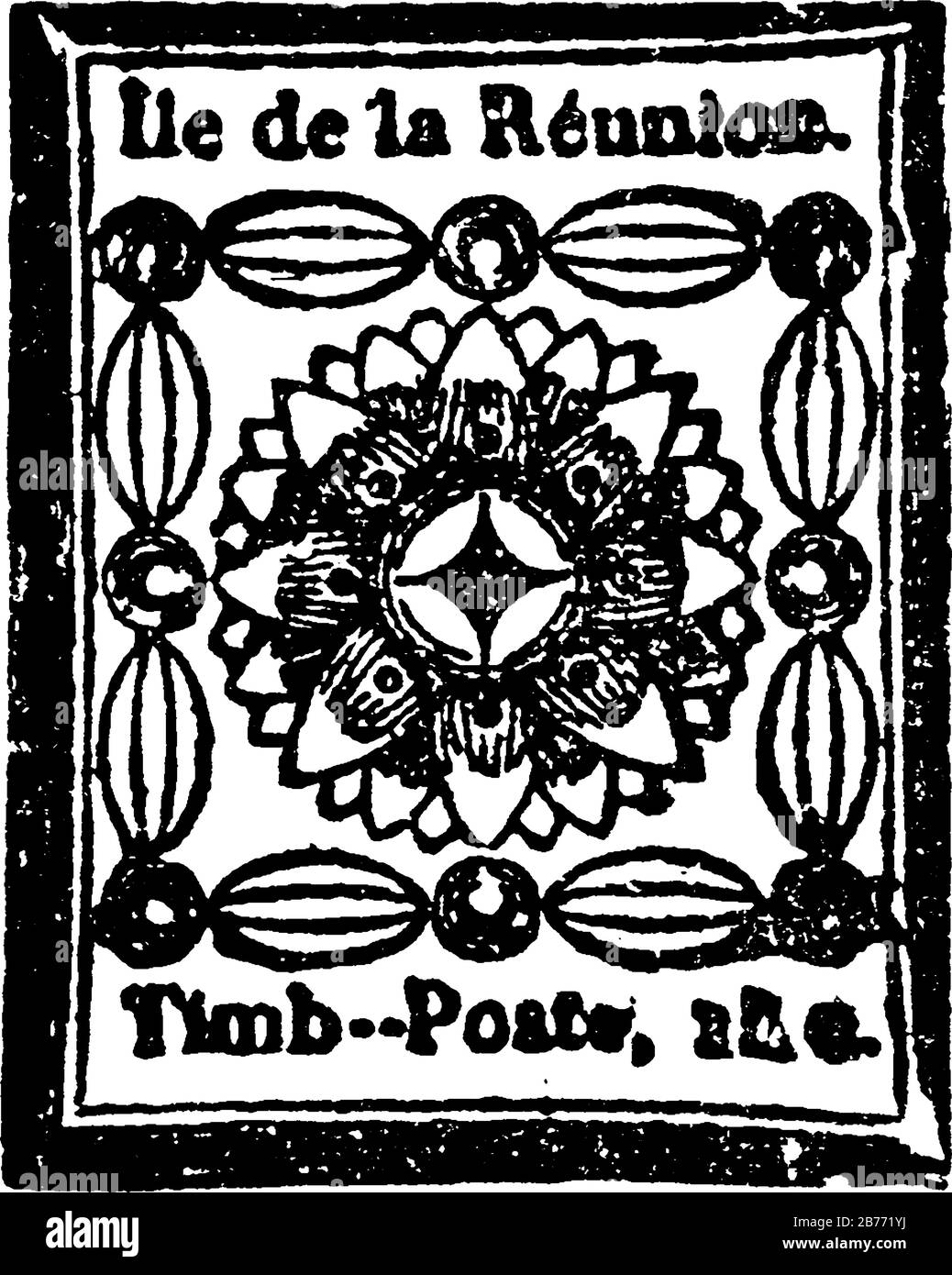 Reunion Islands Stamp (valore illeggibile) dal 1852, un piccolo pezzo adesivo di carta bloccato a qualcosa per mostrare una quantità di denaro pagato, vintage l Illustrazione Vettoriale