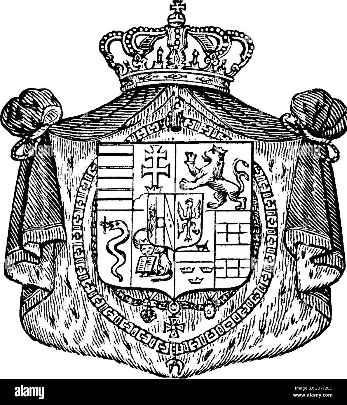 Stemma, Modena, inciso con un cavallo, serpente, corona, più segni e molti altri, disegno o incisione a linea d'epoca. Illustrazione Vettoriale