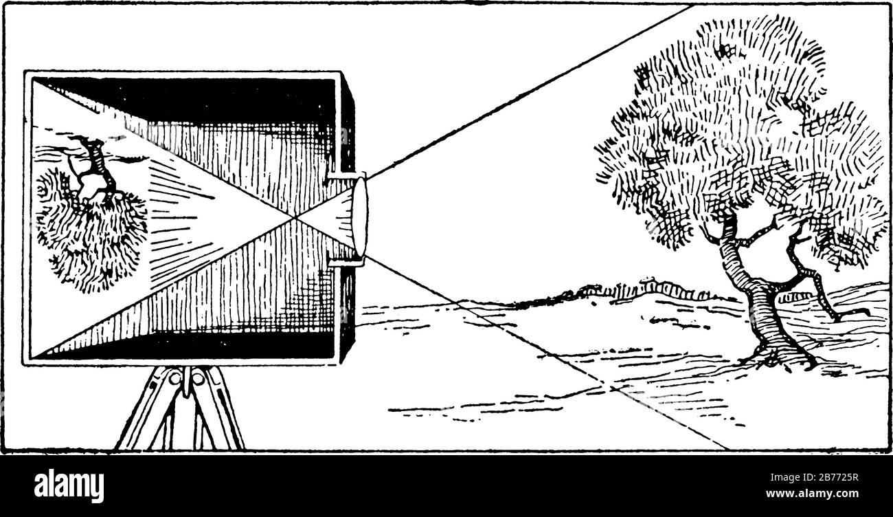 L'immagine mostra come viene prodotta una fotografia, in cui un'immagine viene focalizzata su materiale sensibile alla luce e quindi resa visibile e permanente, vin Illustrazione Vettoriale L'immagine mostra come viene prodotta una fotografia, in cui un'immagine viene focalizzata su materiale sensibile alla luce e quindi resa visibile e permanente, vin Illustrazione Vettoriale