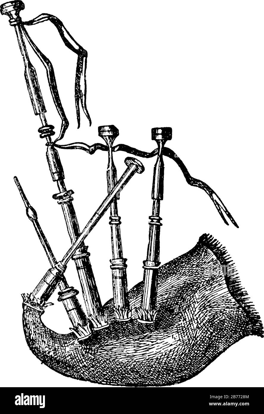 La cornamusa è uno strumento a vento che utilizza canne chiuse alimentate da un costante serbatoio d'aria sotto forma di sacchetto, utilizzato principalmente tra gli antichi greci, Illustrazione Vettoriale