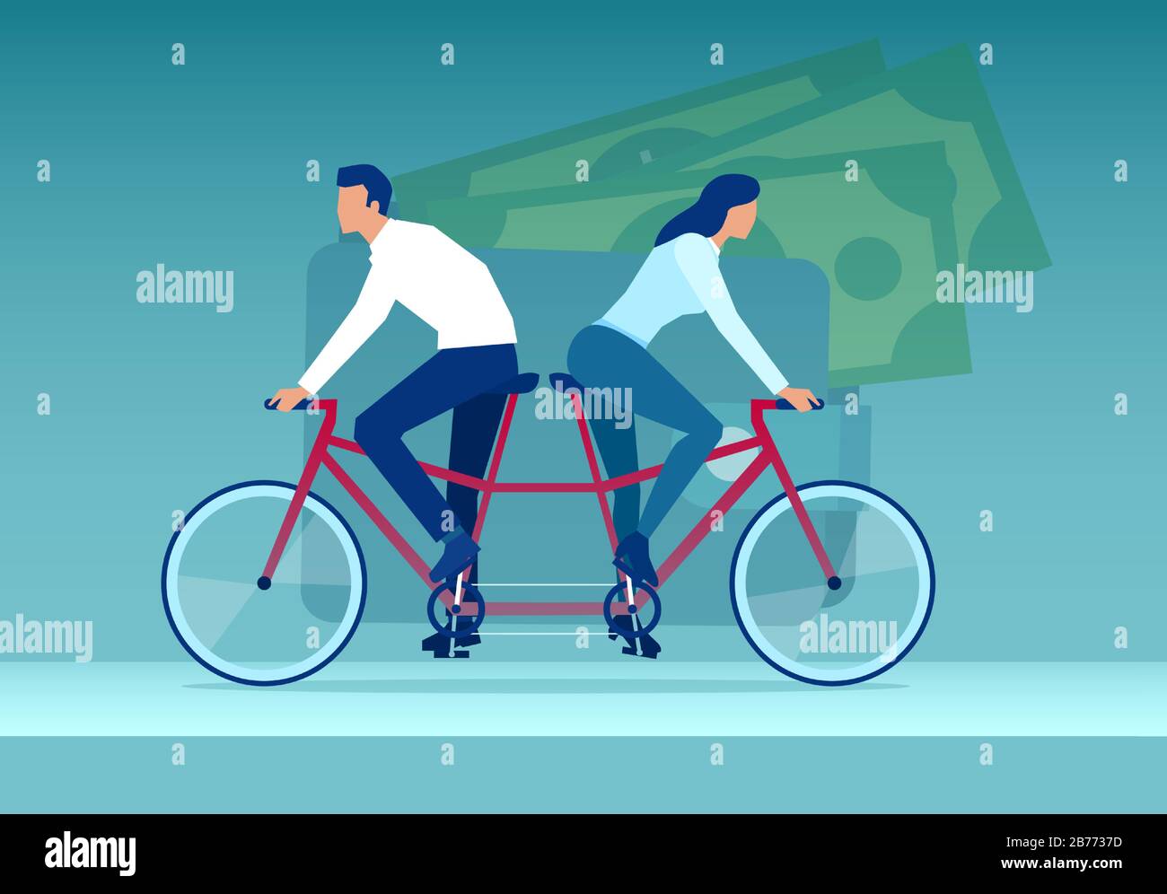Vettore di una giovane coppia donna e uomo in bicicletta tandem in direzioni diverse uno sfondo di un portafoglio Illustrazione Vettoriale