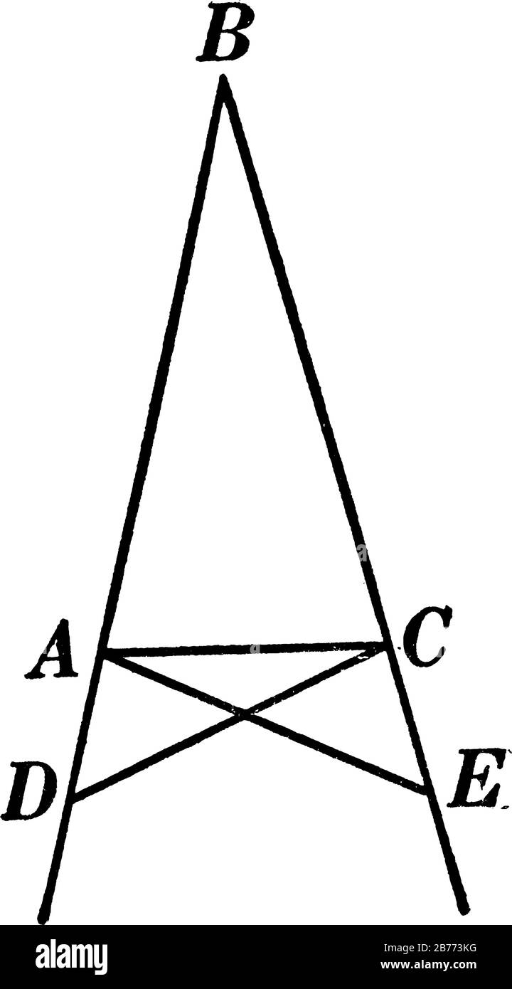 Un'illustrazione che viene utilizzata per dimostrare che gli angoli di base di un triangolo isoscele sono uguali, disegno a linee d'annata o illustrazione di incisione. Illustrazione Vettoriale