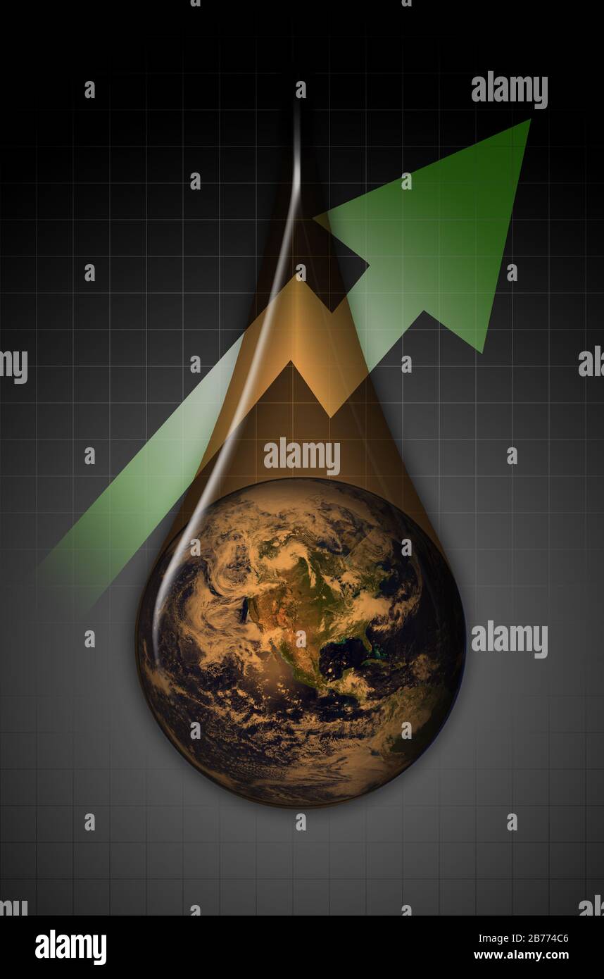 Terra in una goccia di petrolio, a seconda dei combustibili fossili. Il Medio Oriente è al centro del globo. Percorso di taglio incluso per la caduta di olio. Immagine terrestre dalla NASA: Foto Stock
