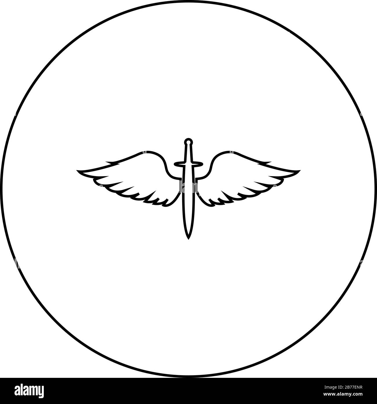 Ali e cadetti simbolo spada arma lama alata epoca medievale Guerriero insignia Blazon coraggioso concetto icona in cerchio rotondo contorno nero colore Illustrazione Vettoriale