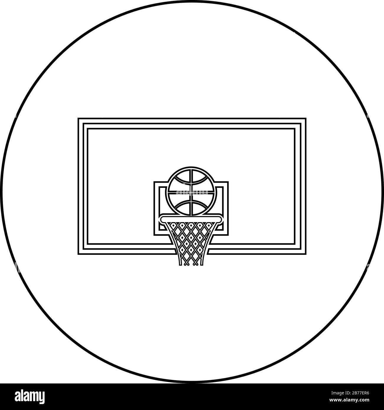Pallacanestro cerchio e palla Backboard e griglia basket icona in cerchio rotondo contorno nero colore vettore illustrazione stile piatto semplice immagine Illustrazione Vettoriale