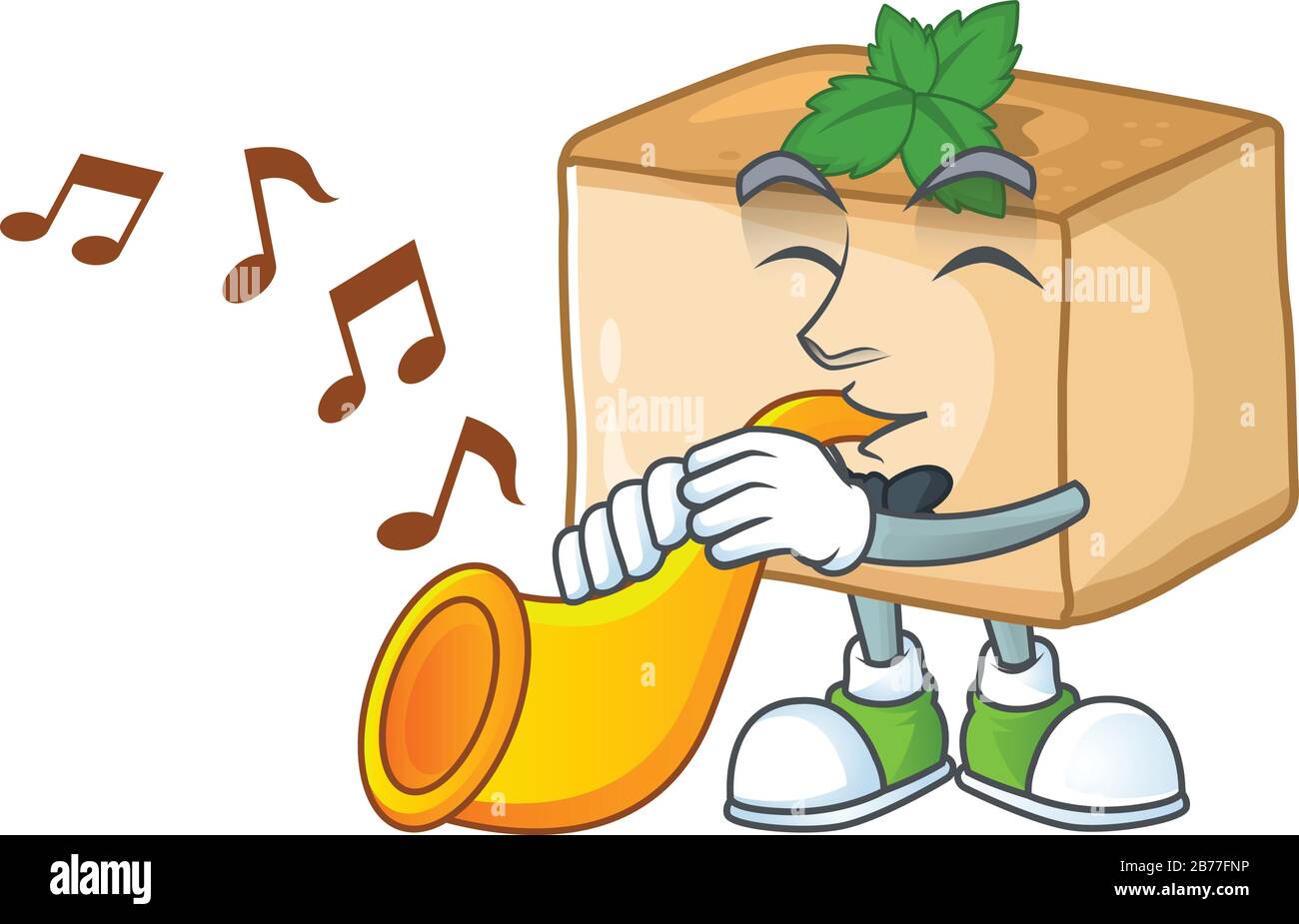Basbousa personaggio cartoon che suona musica con una tromba Illustrazione Vettoriale