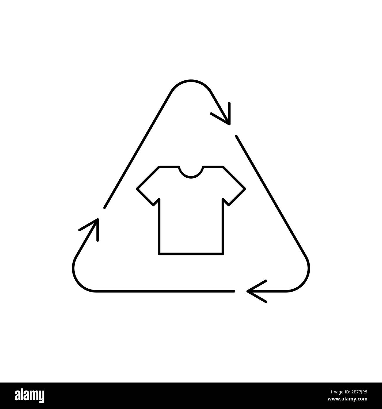 Simbolo triangolare degli indumenti riciclati. Icona T-shirt in un triangolo. Riciclare icona lineare, logo, segno per l'industria tessile sostenibile. Consumismo etico Illustrazione Vettoriale