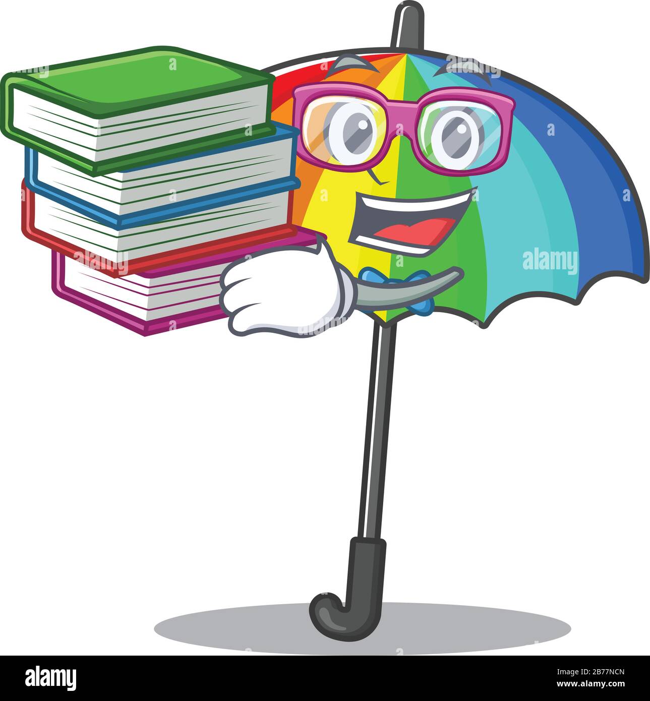 Uno studente diligente in ombrello rainbow mascotte design con libro Illustrazione Vettoriale