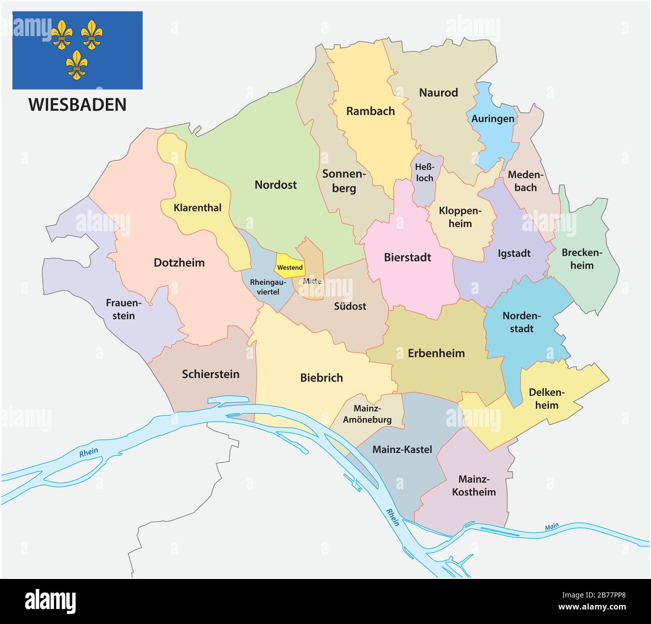 Mappa amministrativa della capitale dello stato di Hesse Wiesbaden con bandiera Illustrazione Vettoriale