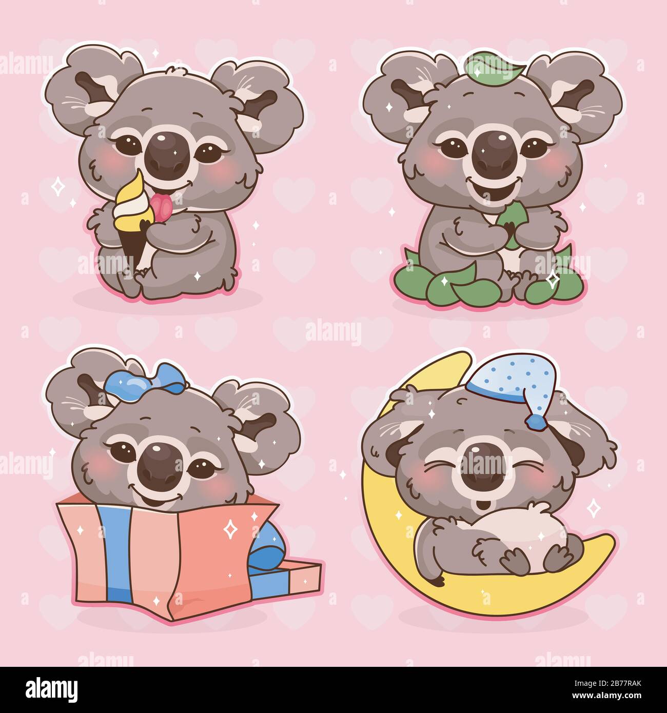 Carino koala kawaii cartoni animati set di personaggi vettoriali Illustrazione Vettoriale