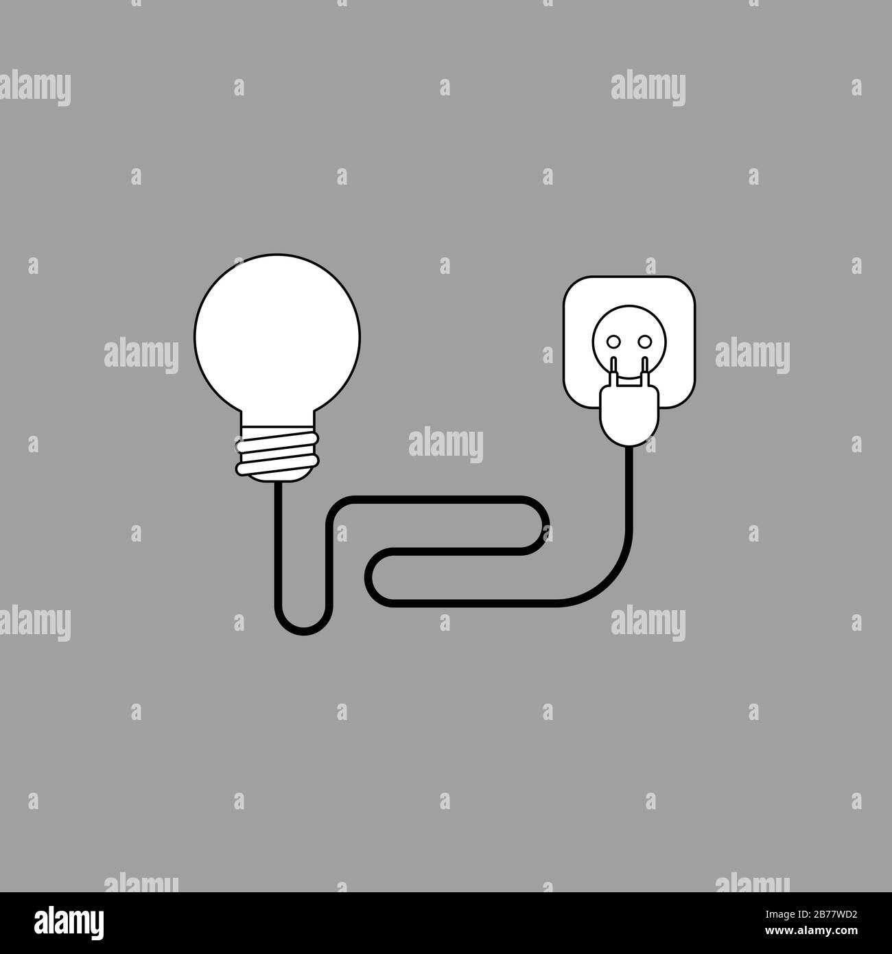 Concetto di illustrazione vettoriale della lampadina con presa e presa elettrica a filo. Contorni neri, sfondo grigio. Illustrazione Vettoriale