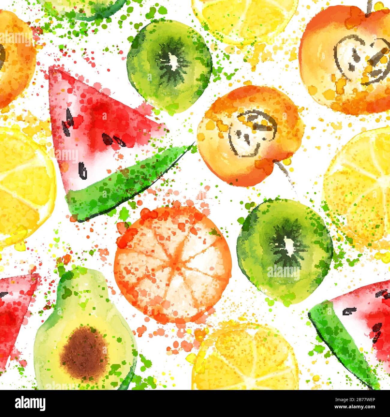 Set di oggetti Acquerelli di frutta Fresca. Mela acquerello, citruses, avocado e qiwi in una collezione d'arte con spruzzi. Stile di vita sano con Illustrazione Vettoriale