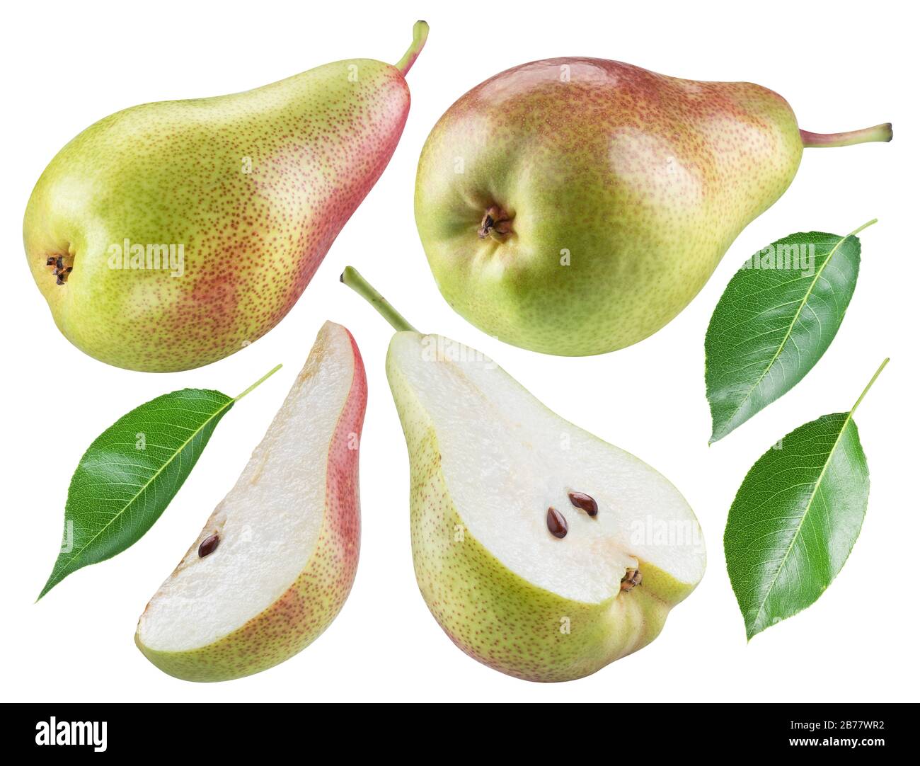 Pera matura, metà di pera e pera foglie su sfondo bianco. Il file contiene il percorso di ritaglio per ogni elemento. Foto Stock