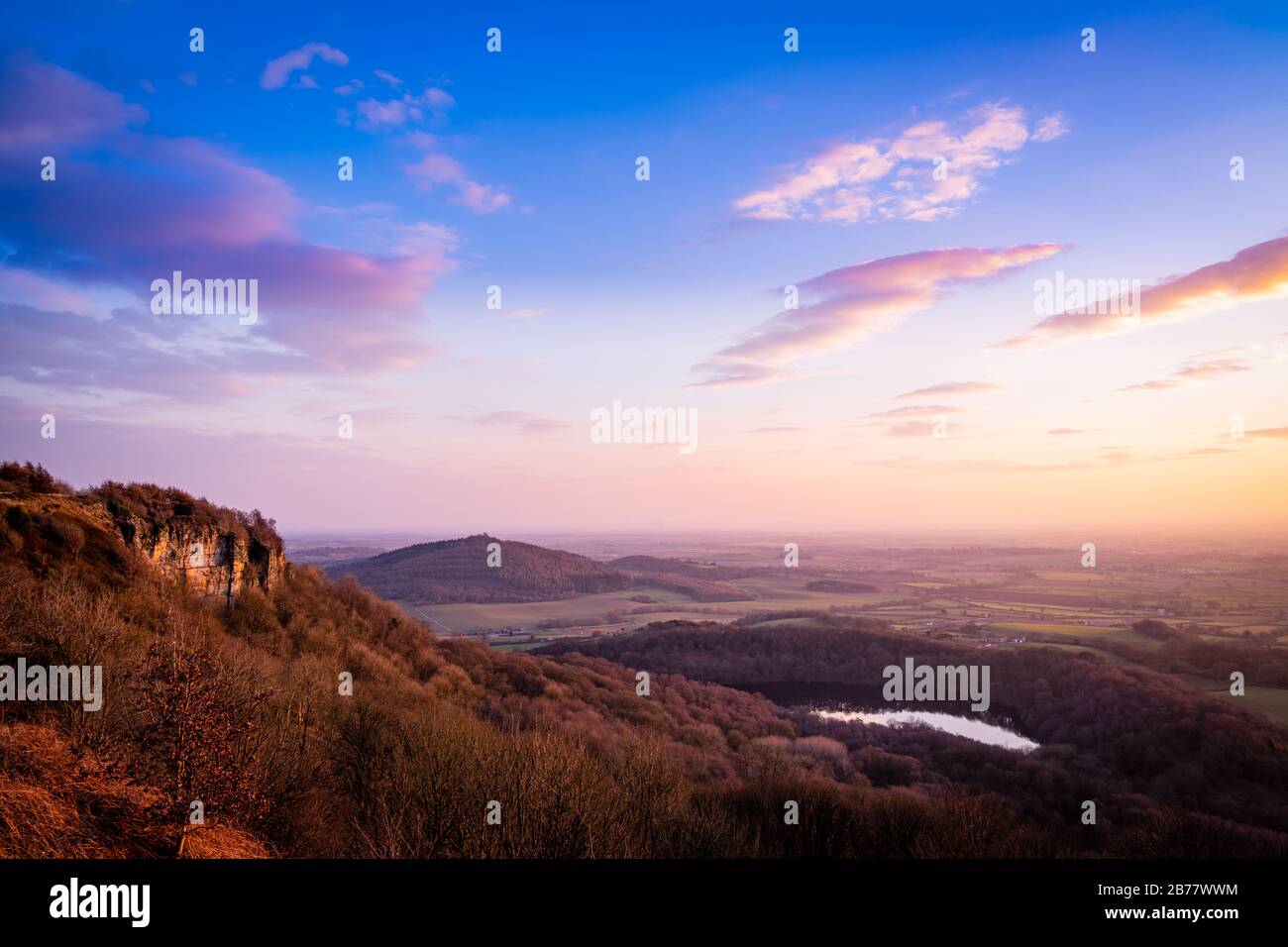 La vista da Sutton Bank al tramonto, North Yorkshire, Regno Unito Foto Stock