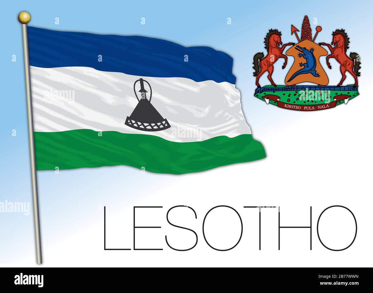 Bandiera nazionale e stemma ufficiale del Lesotho, paese africano, illustrazione vettoriale Illustrazione Vettoriale