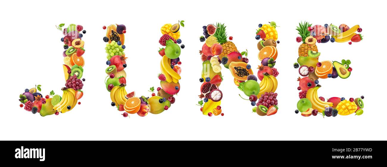 Parola di giugno fatta di frutta e bacche diverse isolato su sfondo bianco, concetto creativo di dieta sana, lettere con ingredienti alimentari freschi Foto Stock