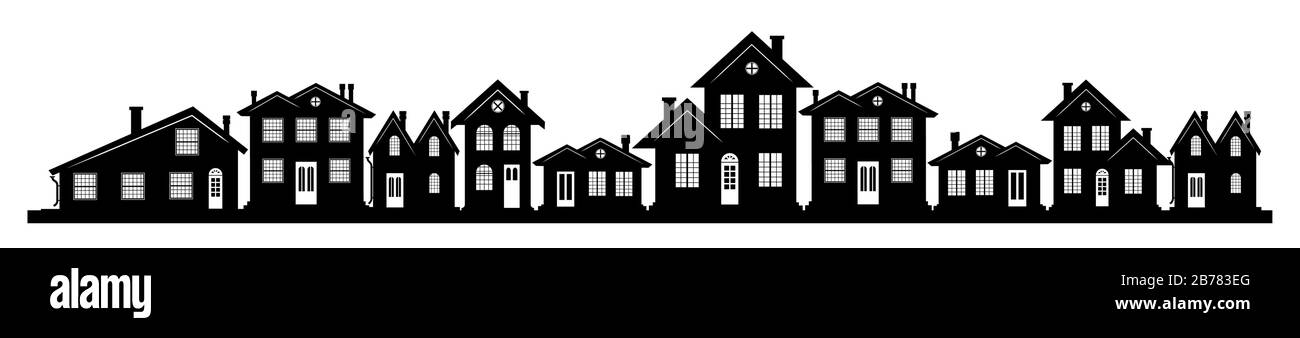 Una strada affascinante negli Stati Uniti con case di diverso design e architettura. Molte opzioni di finestre e porte. Un'intestazione per un sito Web o un Illustrazione Vettoriale