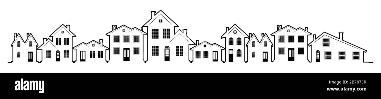 Una strada affascinante negli Stati Uniti con case di diverso design e architettura. Molte opzioni di finestre e porte. Un'intestazione per un sito Web o un Illustrazione Vettoriale
