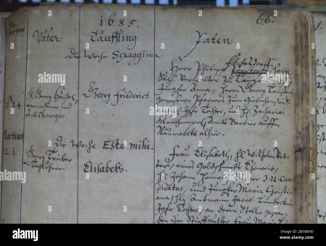 Registro battesimale di George Frideric Handel. Foto Stock