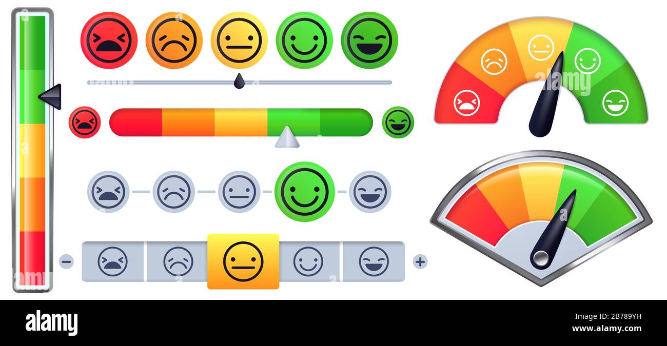 Scala del misuratore di soddisfazione del cliente. Il cliente valuta con un sorriso verde felice e facce rosse tristi, le misurazioni delle emozioni scalano il set di vettori Illustrazione Vettoriale