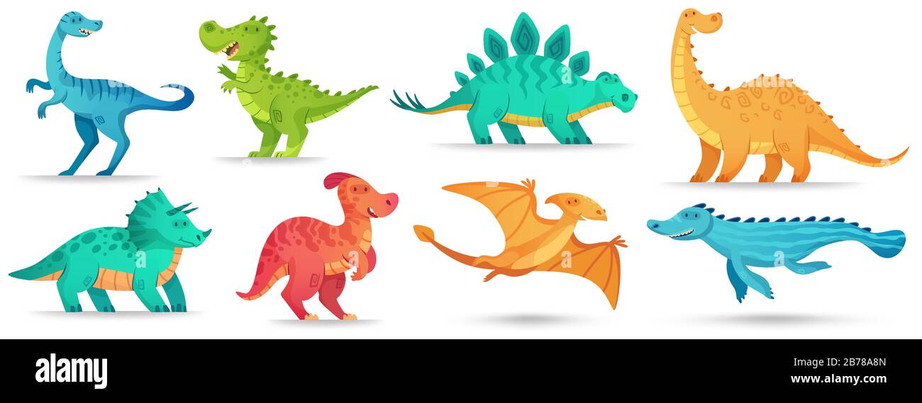 Cartone animato dino. Carino dinosauro, divertente antico brontosauro e verde triceratops. Set di illustrazioni vettoriali per dinosauri comici Illustrazione Vettoriale