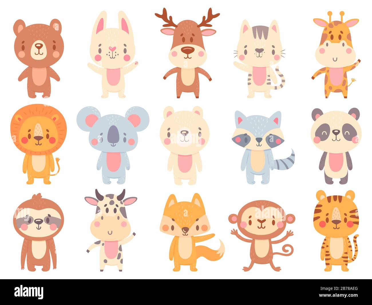 Simpatici animali da cartoni animati. Giraffa ondeggiante, divertente mucca da fattoria e felice mascotte orso. Jungle zoo animali e sorridenti baby animali set di illustrazione vettoriale Illustrazione Vettoriale