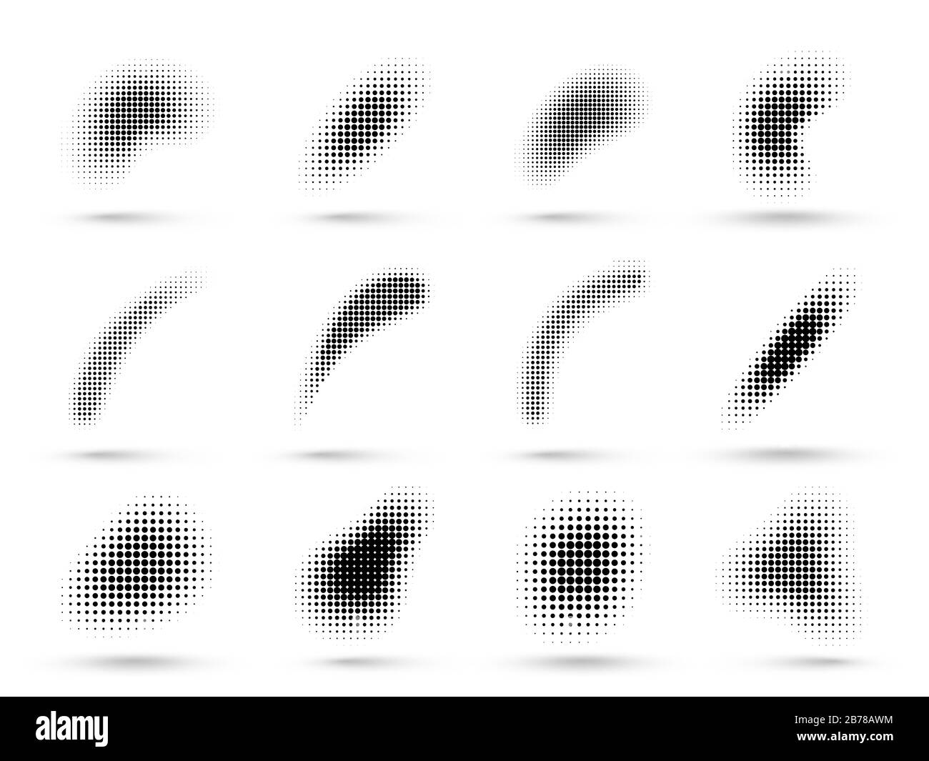 Forme astratte a mezzitoni. Forma liquida con texture sfumata a mezzitoni punteggiati, grafica pop art e set vettoriale di punti grafici comici Illustrazione Vettoriale