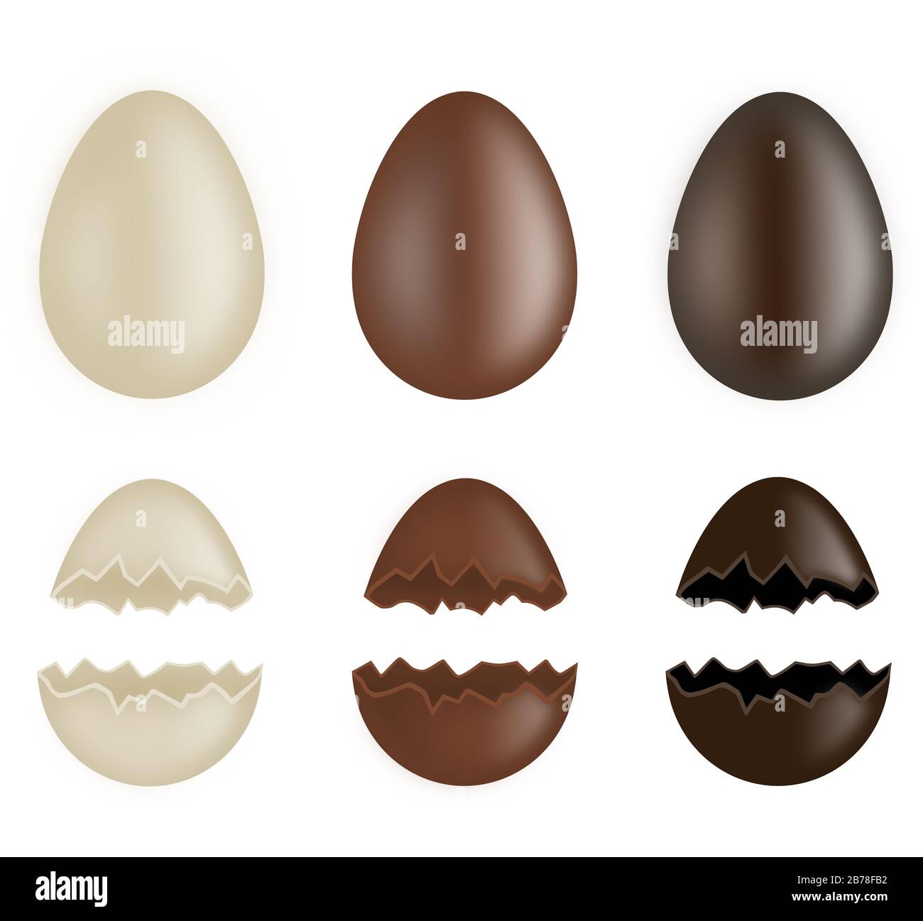 set di uova di cioccolato intere e rotte Foto Stock