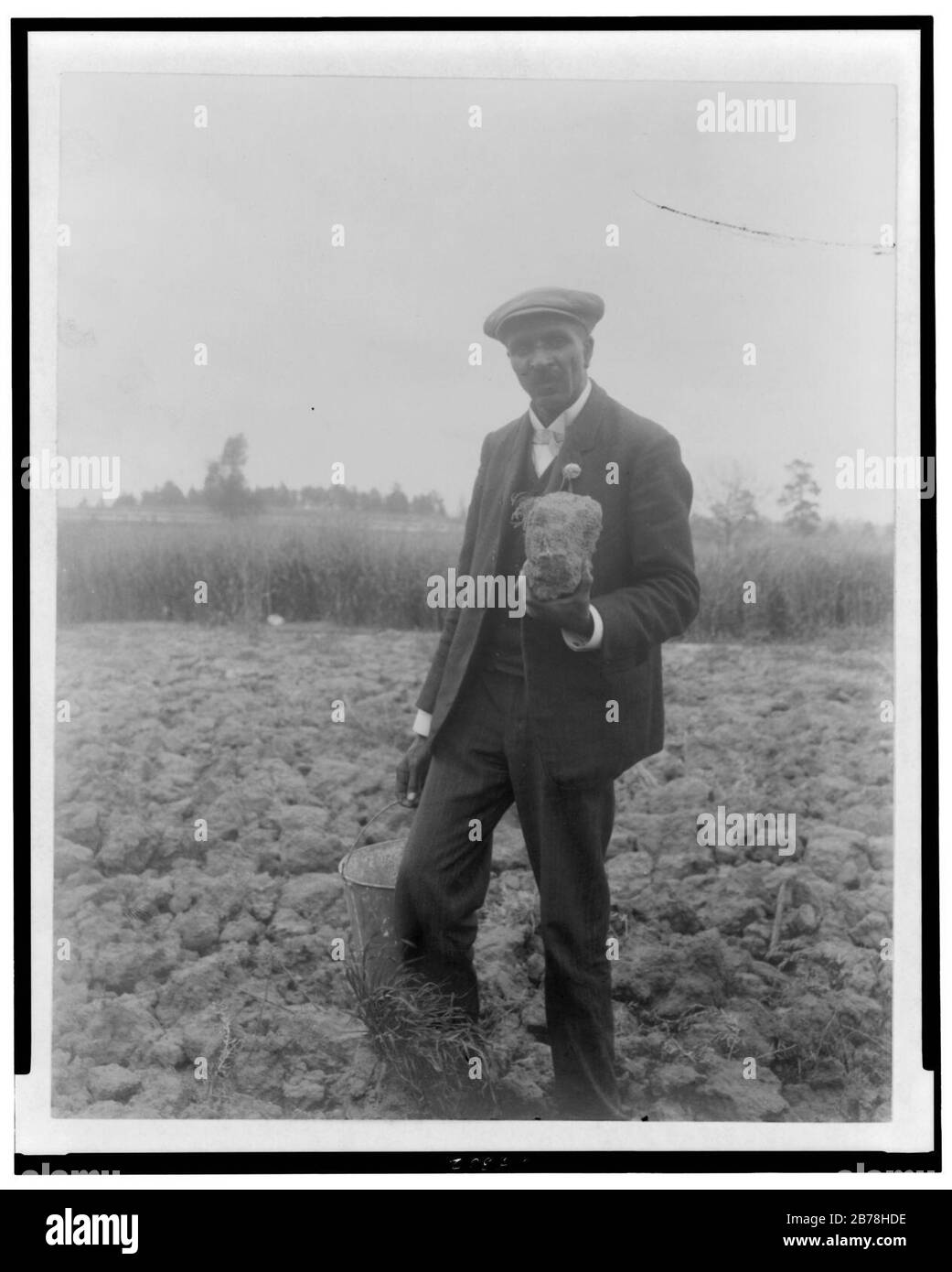George Washington Carver, ritratto a tutta lunghezza, in piedi sul campo, probabilmente a Tuskegee, tenendo pezzo di terreno Foto Stock