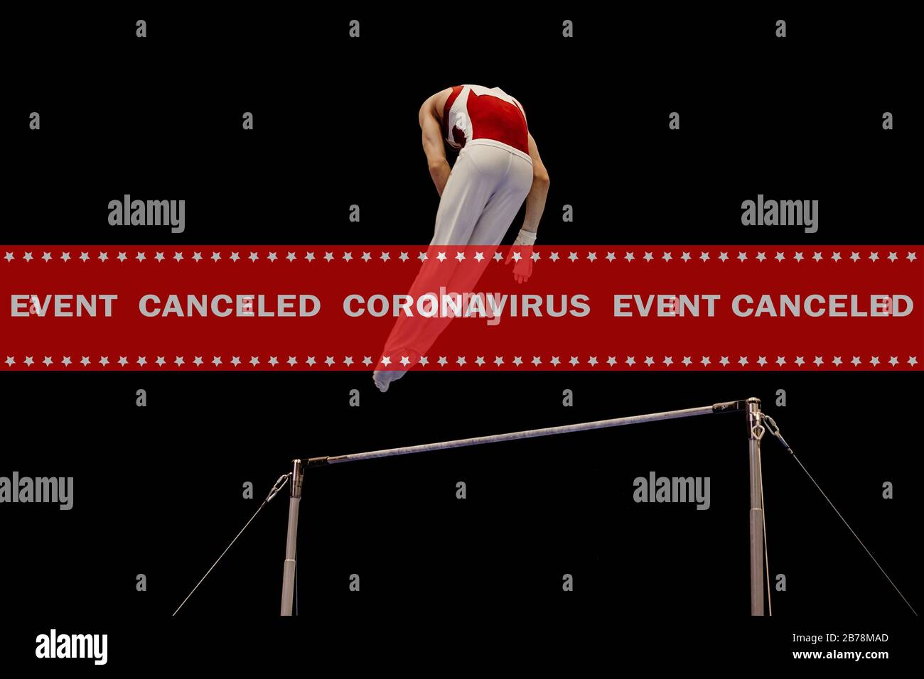 avvertenza evento nastro annullato coronavirus in background ginnast esecuzione su barra orizzontale Foto Stock