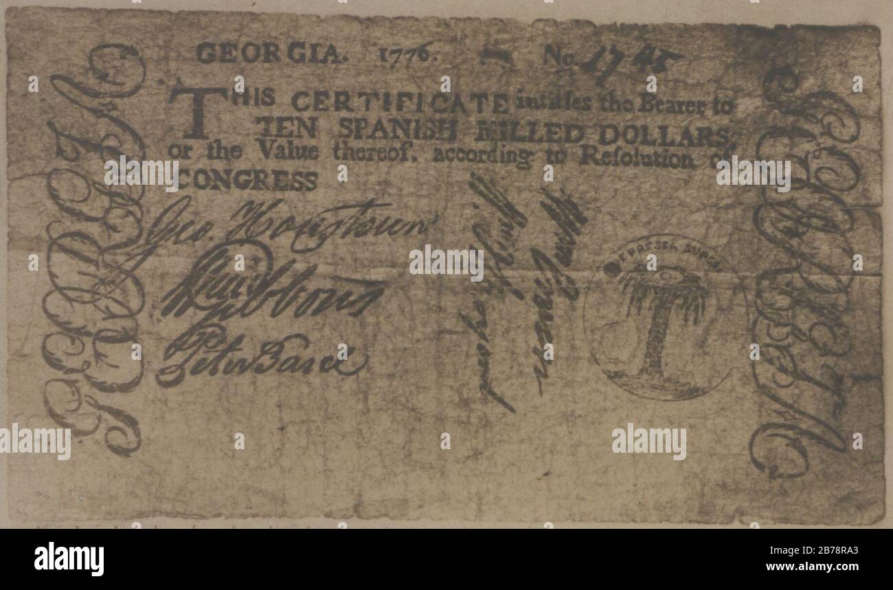 Certificato d'argento della Georgia n. 1745 e datato 1776 certificato ad per dieci dollari Macinati spagnoli (HS85-10-20469). Foto Stock