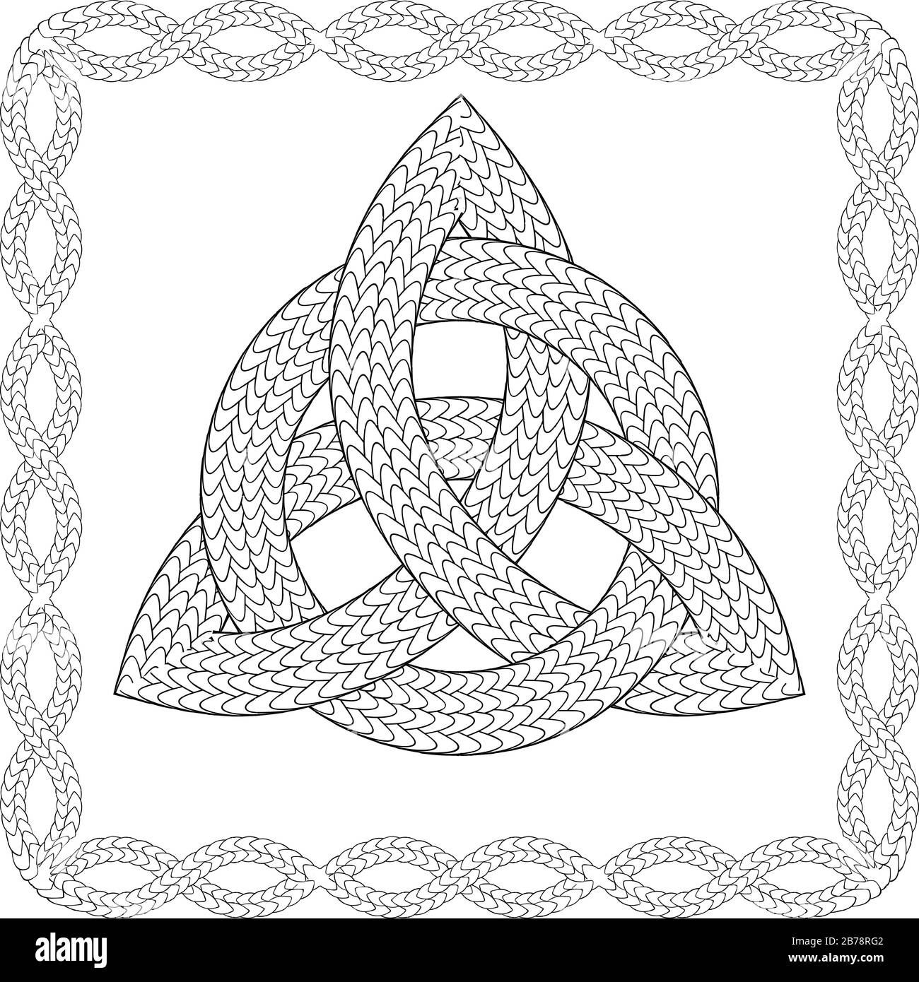 Corda bianca e nera intrecciata con il simbolo del pagano celtico triquetra in telaio annodato Illustrazione Vettoriale