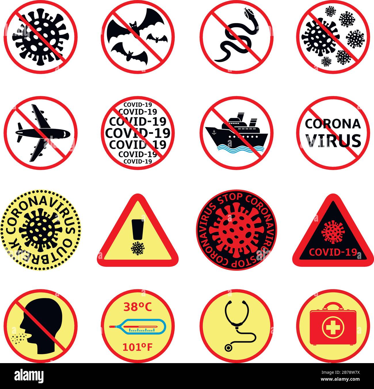 Set di segnali di attenzione COVID-19. Icone di coronavirus. Segnali di divieto e di avvertimento Illustrazione Vettoriale