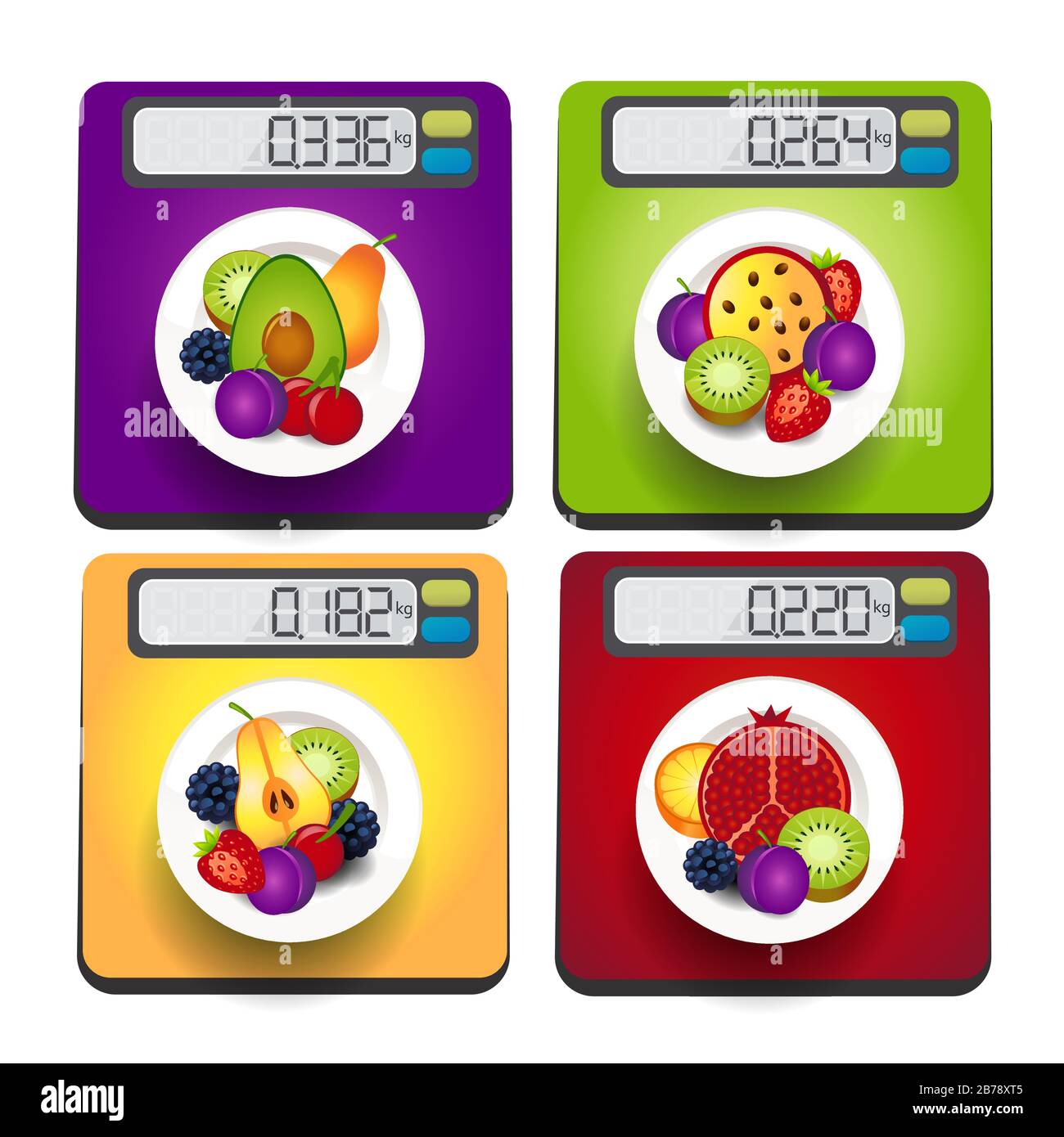 set di icone con bilance elettroniche e piatti da frutta. Scale da cucina, isolate su sfondo bianco, illustrazione vettoriale Illustrazione Vettoriale