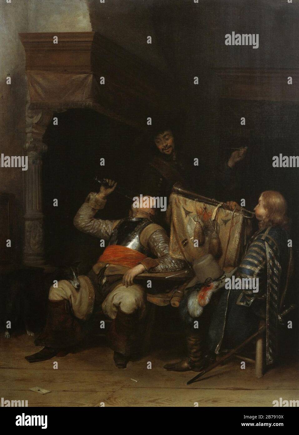 Gerard ter Borch - Soldati che bevono, fumano e suonano musica in un interno. Foto Stock